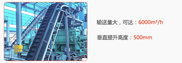 大傾角帶式輸送機(jī)輸送量大，可達(dá)：6000m3/h，垂直提升高度：500mm